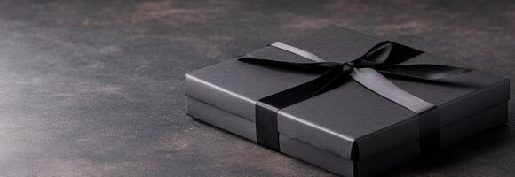 Elegant black gift box with ribbon on dark textured surface ready for special occasion photo