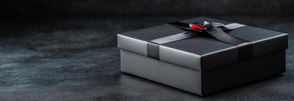 Elegant black gift box with ribbon on dark textured surface ready for special occasion photo