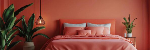 Cozy bedroom with warm orange walls and stylish decor in contemporary design style photo