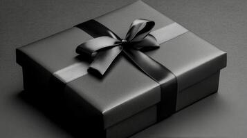 Elegant black gift box with ribbon displayed on a dark background photo