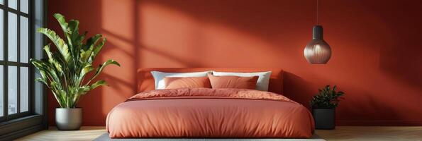 Cozy bedroom with warm orange walls and stylish decor in contemporary design style photo