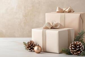 Holiday gift wrapped in brown paper with gold accents and ornaments on a festive table photo