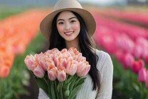 Young woman with bouquet of tulips in vibrant flower field during sunny spring day photo