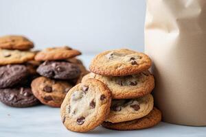 Freshly baked chocolate chip cookies and dark cookies stacked beside a paper bag photo