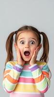 Excited young girl expresses surprise with wide eyes and open mouth while holding her face photo