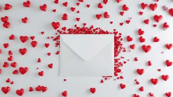 Colorful hearts surround a letter with a heart shaped seal floating against a light background photo