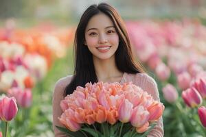 Young woman with bouquet of tulips in vibrant flower field during sunny spring day photo