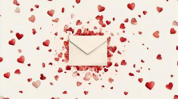 Colorful hearts surround a letter with a heart shaped seal floating against a light background photo