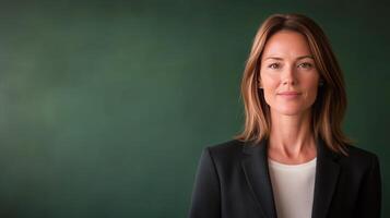 Confident woman poses in professional attire against a blurred dark green background photo