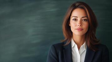 Confident woman poses in professional attire against a blurred dark green background photo