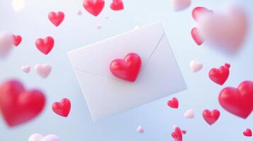 Colorful hearts surround a letter with a heart shaped seal floating against a light background photo