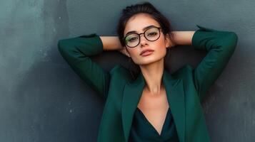 Woman in green blazer poses confidently against gray wall in urban setting photo