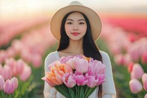 Young woman with bouquet of tulips in vibrant flower field during sunny spring day photo