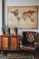 Cozy corner with earthy tones and vintage world map artwork photo