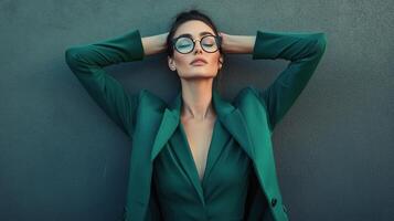 Woman in green blazer poses confidently against gray wall in urban setting photo