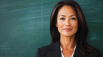 Confident woman poses in professional attire against a blurred dark green background photo