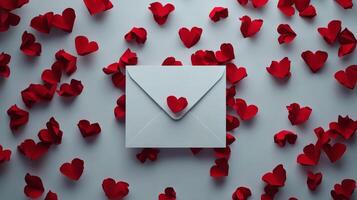 Colorful hearts surround a letter with a heart shaped seal floating against a light background photo