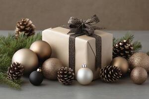 Holiday gift wrapped in brown paper with gold accents and ornaments on a festive table photo