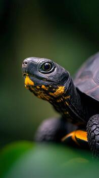Close up of a colorful turtle resting on greenery in a lush habitat photo