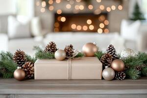 Holiday gift wrapped in brown paper with gold accents and ornaments on a festive table photo