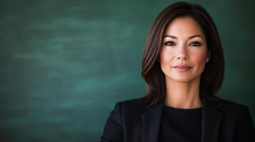 Confident woman poses in professional attire against a blurred dark green background photo