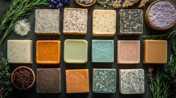 A variety of soap bars arranged in bowls photo
