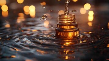 A bottle of essential oil is floating in water photo
