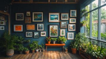 A room with many pictures and plants on the wall photo
