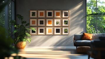 A living room with a couch and a wall of framed pictures photo