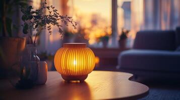 A lamp is sitting on a table in front of a couch photo