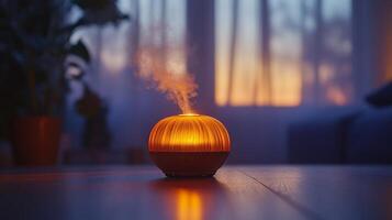 A small aroma diffuser is lit up in the evening photo