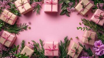 Gift boxes with pink ribbon and flowers on a pink background photo