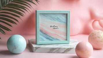 Easter eggs and a photo frame on a pink background
