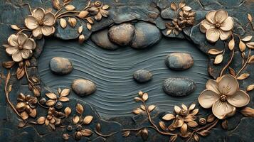 A blue background with flowers and stones photo