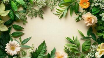 Flowers and leaves on a beige background photo