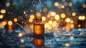 A bottle of oil splashing in water with lights photo