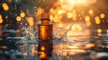 A bottle of essential oil splashing into the water photo