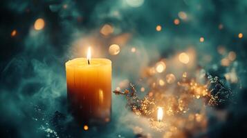 A candle is lit in the dark with a bokeh effect photo
