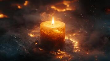 A burning candle is shown in the dark photo