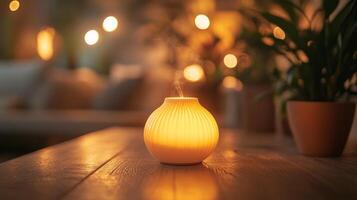 A small white vase with a candle lit on a table photo