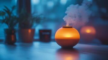 A humidifier with steam on a wooden table photo