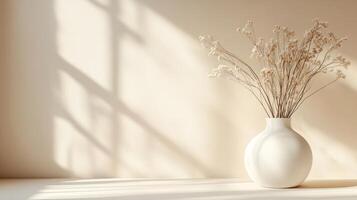 A white vase with dried flowers sitting on a table photo