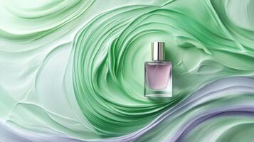 A bottle of perfume on a green and purple background photo