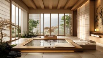 A japanese style bathroom with a large window photo