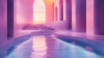 A waterway in a pink building with stairs photo