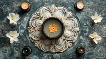 A flower and candle are on a table with a stone wall photo