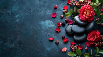 Spa stones and red roses on a dark blue background photo