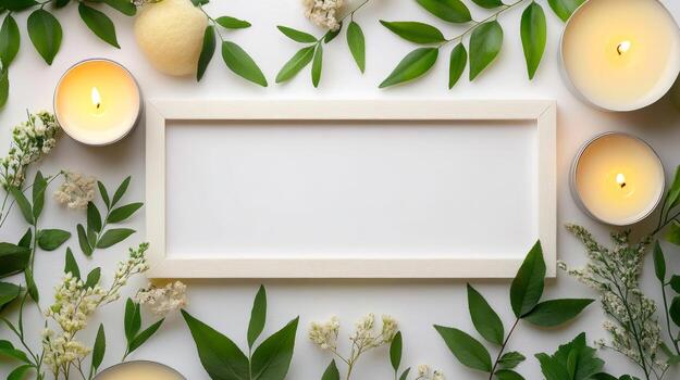 Candles and flowers around a white frame with a blank space photo
