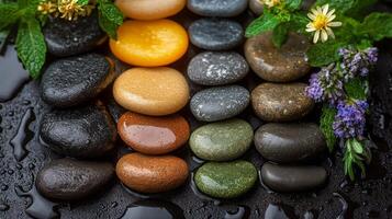 Stones with flowers and leaves on a black background photo