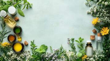 Herbal oils and flowers on a blue background photo